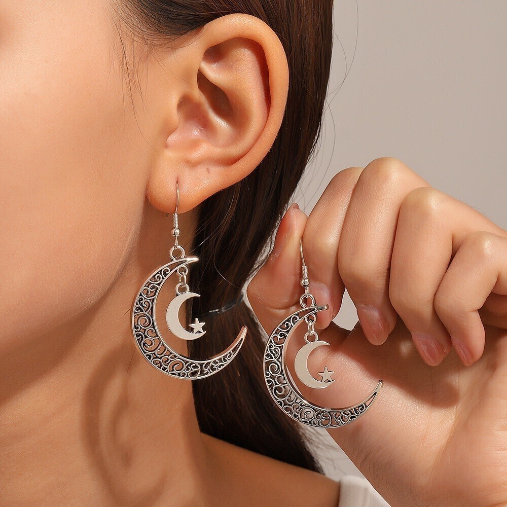 Celestial Crescent Moon & Star Filigree Dangle Drop Hook Earrings Silver Tone